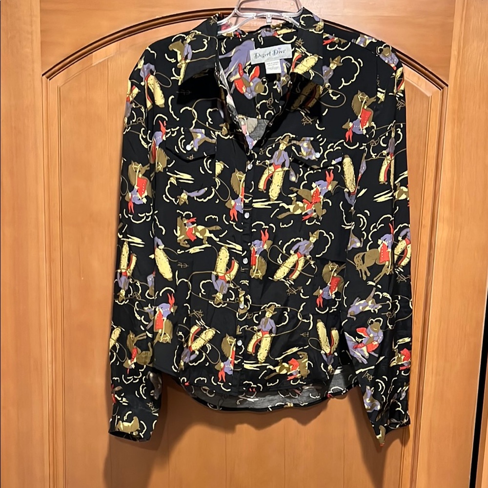 Desert Diva XL Cowboy-Themed Black Patterned Blouse